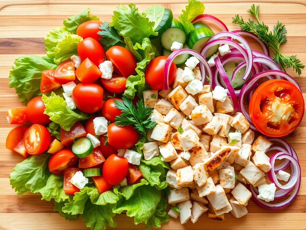 Fresh chicken salad ingredients: diced grilled chicken breast, romaine lettuce, cherry tomatoes, cucumbers, bell peppers, red onion rings, feta cheese, parsley, and dill on a wooden cutting board with natural lighting.