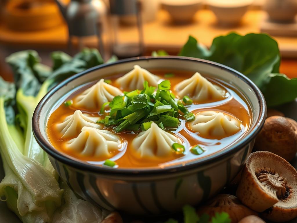 A steaming bowl of potsticker soup with dumplings, green onions, and cilantro in a savory broth, surrounded by bok choy and mushrooms in a cozy kitchen setting with warm lighting.