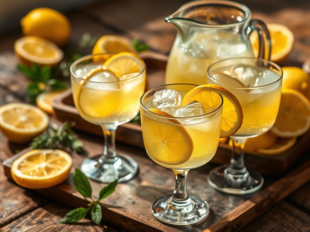 A beautifully lit, close-up shot of a lemonade serving tray on a rustic wooden table. In the foreground, ice-filled glasses brimming with golden, freshly squeezed lemonade, garnished with thinly sliced lemon wedges. The middle ground showcases a glass pitcher, its condensation-covered surface catching the soft, natural light. In the background, a scattering of lemon slices, mint leaves, and perhaps a sprig of rosemary, creating a visually appealing and appetizing composition. The lighting should be warm and inviting, casting gentle shadows that enhance the textures and colors of the scene. The overall mood is one of summer refreshment and wholesome, homemade charm.