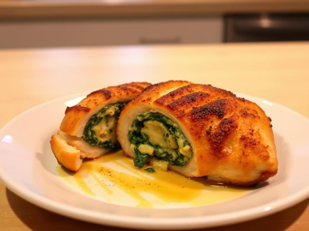 A beautifully plated spinach artichoke stuffed chicken breast, golden-brown and crispy on the outside, resting on a white porcelain dish. The chicken is delicately sliced to reveal the vibrant green spinach and creamy artichoke filling, gently oozing out. Warm, soft lighting from above casts a mouthwatering glow, highlighting the dish's rich textures and colors. The background is a simple, clean kitchen countertop, allowing the dish to be the star. The overall scene evokes a sense of homemade comfort and culinary excellence, perfectly capturing the essence of "Cooking Your Spinach Artichoke Stuffed Chicken".