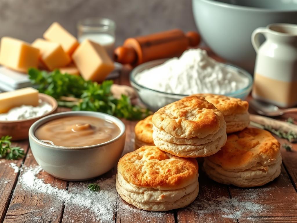 A bountiful arrangement of vegan biscuit ingredients arranged on a rustic wooden table, beautifully lit from the side. In the foreground, freshly baked biscuits, their golden-brown tops glistening, nestled alongside a bowl of rich, creamy vegan gravy. Surrounding them, an array of essential components - flaky all-purpose flour, plant-based milk, a pat of vegan butter, and a scattering of fresh herbs. The mid-ground features a vintage rolling pin and a mixing bowl, hinting at the homemade preparation process. In the background, a neutral, slightly blurred backdrop allows the food to take center stage, conveying a sense of warmth and artisanal craftsmanship.