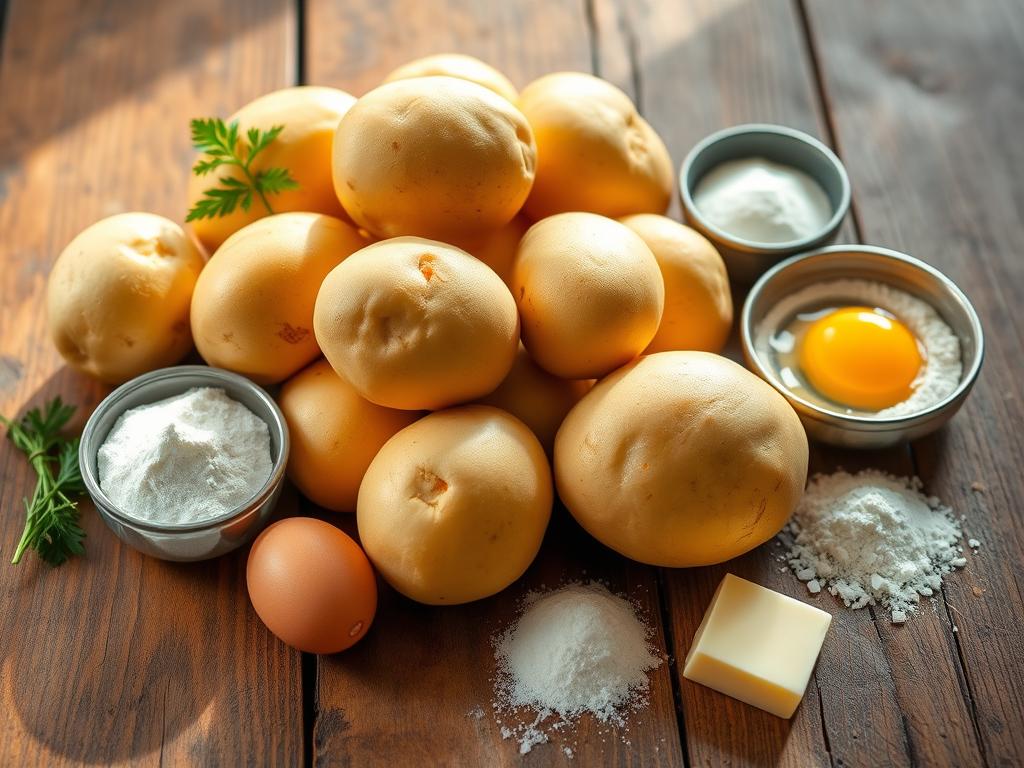 A bountiful display of fresh ingredients for perfect potato cakes. On a rustic wooden table, a vibrant arrangement of medium-sized Yukon Gold potatoes, eggs, all-purpose flour, salt, black pepper, and a pat of butter take center stage. Soft natural lighting casts a warm glow, emphasizing the textures and colors. The composition is balanced, with the ingredients neatly organized, suggesting a harmonious recipe. The overall mood is one of culinary anticipation, inviting the viewer to imagine the savory potato cakes soon to be prepared.