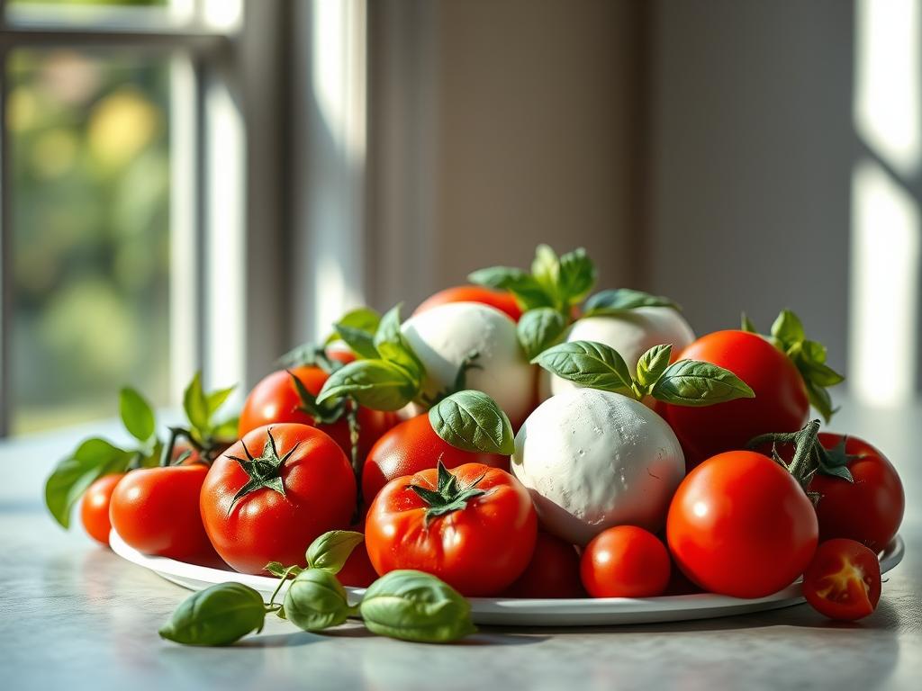 A bountiful still life arrangement of fresh Caprese ingredients, capturing the vibrant colors and textures of juicy tomatoes, creamy mozzarella, and fragrant basil leaves. Backlit by soft, natural window lighting, casting gentle shadows that accentuate the three-dimensional forms. The composition is carefully balanced, with the ingredients arranged in an elegant, artful manner, inviting the viewer to appreciate the beauty and simplicity of these classic Italian flavors. The image exudes a sense of rustic elegance, evoking the warm, Mediterranean atmosphere of a classic Caprese salad.