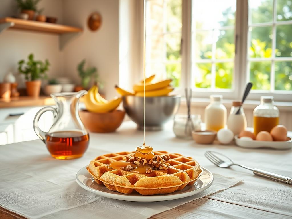 A bright, airy kitchen scene bathed in warm, natural light. In the foreground, a wooden table with a crisp white tablecloth, upon which sits a freshly prepared banana waffle, drizzled with golden honey and sprinkled with chopped walnuts. Beside it, a glass carafe filled with maple syrup and a fork await. In the middle ground, a large mixing bowl, whisk, and various baking ingredients - ripe bananas, flour, eggs, and vanilla extract - are neatly arranged. The background features a large window overlooking a lush, verdant garden, creating a calming, inviting atmosphere.