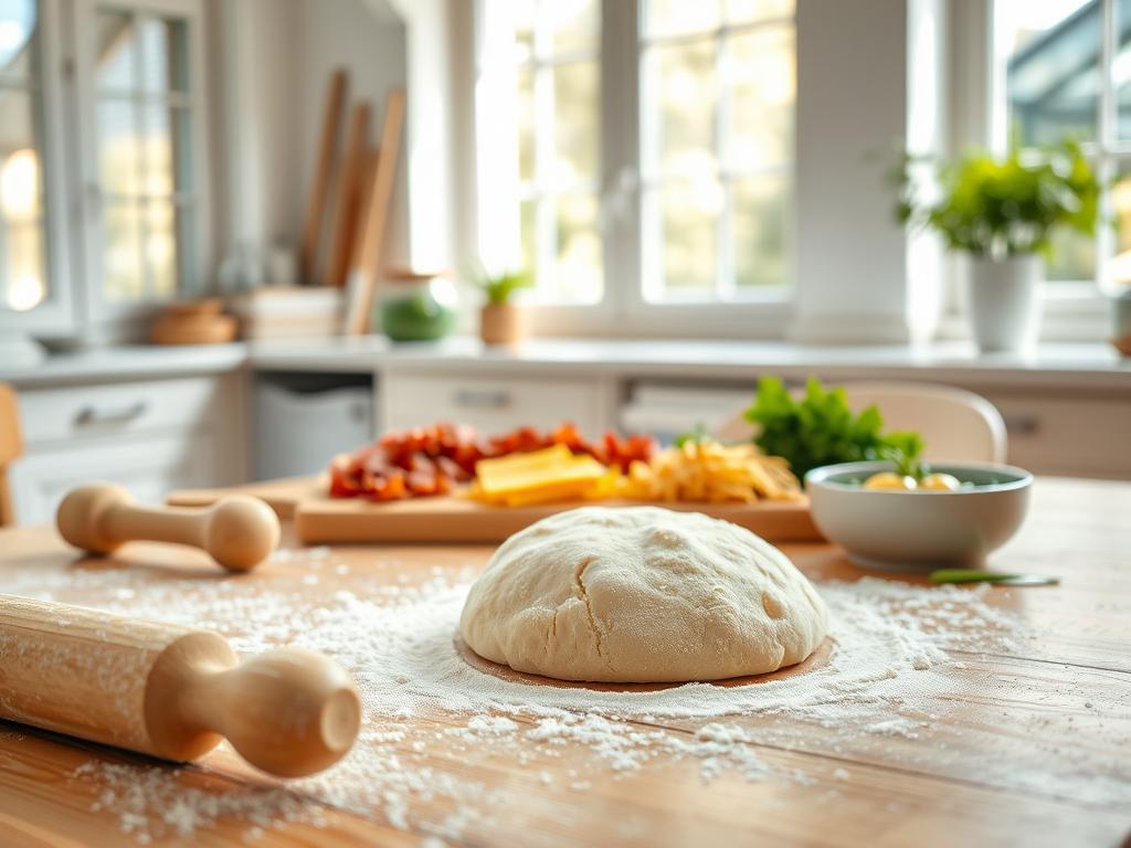 A bright and airy kitchen, sunlight filtering through large windows. In the foreground, a wooden table is covered with a light dusting of flour, rolling pin, and a ball of dough - the raw ingredients for breakfast pizza rolls. Flour-dusted hands carefully knead and stretch the dough, the texture of the yeast-risen mass visible. In the middle ground, an array of toppings - crisp bacon, gooey cheese, and vibrant herbs - stand ready to be tucked into the rolled dough. The background is softly blurred, focusing attention on the hands-on preparation process. The scene conveys a sense of anticipation and homemade comfort, ready to embark on the morning's indulgence.