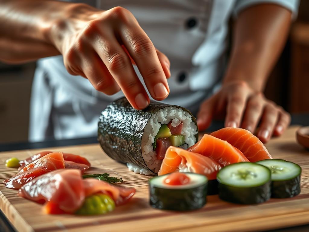 A close-up, high-resolution image of a master sushi chef skillfully rolling sushi with precise, experienced hands. The sushi ingredients are laid out on a wooden sushi mat in the foreground, including fresh, vibrant slices of tuna, cucumber, and nori seaweed sheets. The chef's hands are gently but firmly guiding the nori and rice, creating a perfectly cylindrical roll with meticulous attention to detail. Soft, natural lighting illuminates the scene, casting subtle shadows and highlights that accentuate the textures of the ingredients. The background is blurred, keeping the focus on the sushi-rolling technique. The overall mood is one of calm, focused expertise, inviting the viewer to appreciate the artistry and care involved in crafting the perfect sushi roll.