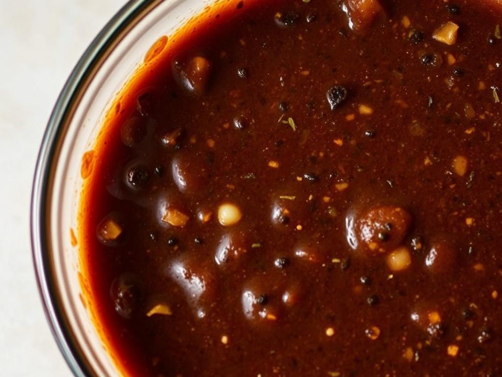 A close-up photograph of a glass bowl filled with a rich, fragrant vegan steak marinade. The marinade is a deep brown color, with visible specks of herbs and spices such as garlic, rosemary, and black pepper. The bowl is set against a simple, neutral-colored background, allowing the marinade to be the focal point. Soft, warm lighting illuminates the scene, casting gentle shadows and highlighting the texture and depth of the marinade. The image conveys a sense of culinary expertise and the anticipation of a delicious, plant-based dish.