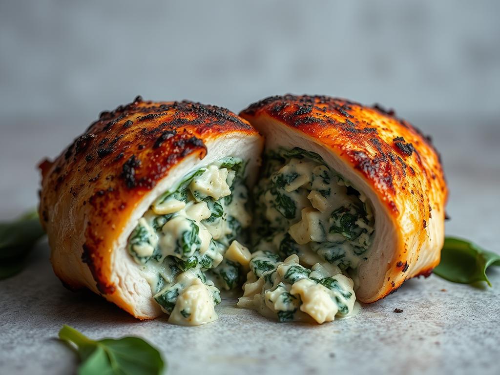 A close-up photograph of a perfectly seared and golden-brown chicken breast, crisped to perfection, sliced in half to reveal a vibrant, creamy spinach and artichoke filling oozing out. The chicken is set against a muted, neutral background, allowing the delicious filling to take center stage. Soft, natural lighting highlights the tender, juicy meat and the rich, creamy texture of the stuffing. The composition emphasizes the nutritional value and health benefits of this dish, showcasing the abundance of fresh spinach, artichoke hearts, and other wholesome ingredients. An elegant, appetizing shot that captures the essence of a nourishing and indulgent spinach artichoke stuffed chicken breast.