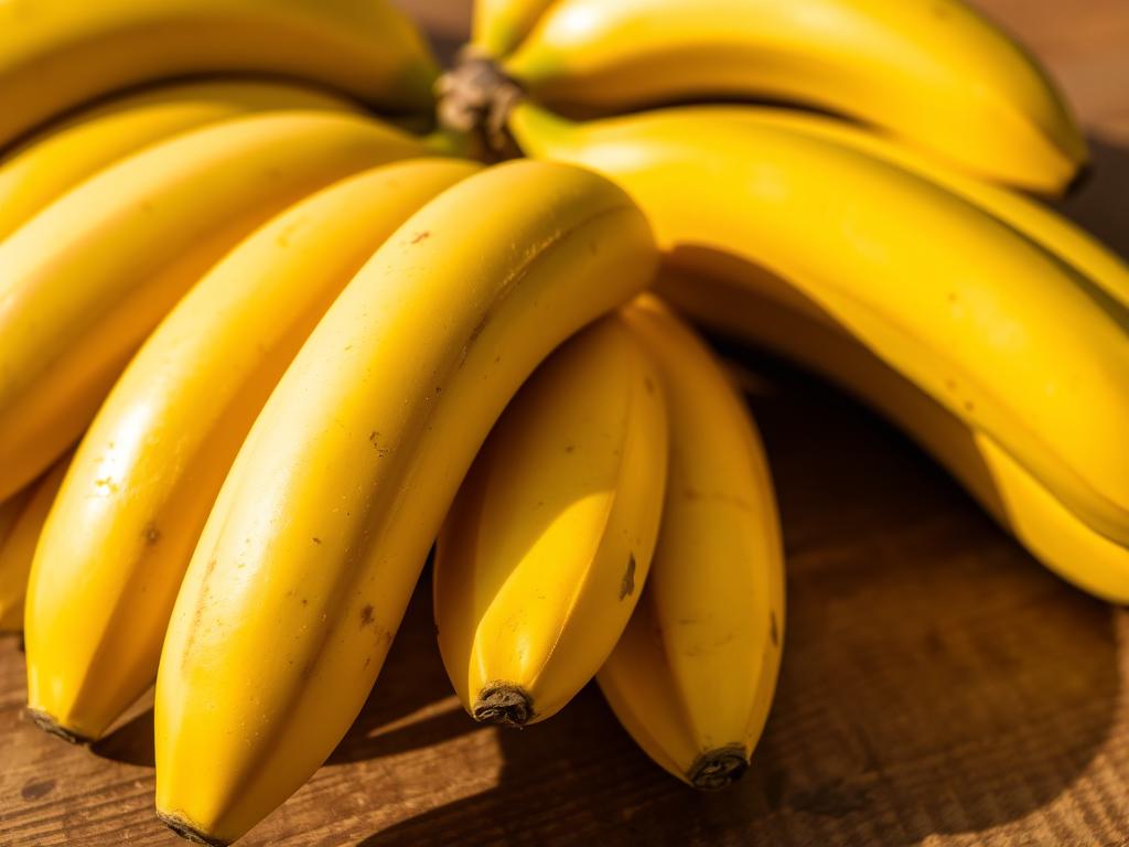 A close-up photograph of ripe, yellow bananas arranged on a wooden table, their skins slightly speckled and peeled back to reveal the soft, sweet flesh inside. The bananas are positioned in a visually appealing manner, lending an appetizing and inviting atmosphere. The lighting is natural, casting a warm, golden glow that highlights the texture and sheen of the fruit. The background is slightly blurred, allowing the bananas to be the focal point of the image. The overall mood is one of freshness, simplicity, and culinary anticipation, perfectly capturing the essence of "Choosing and Preparing Bananas for Waffles".