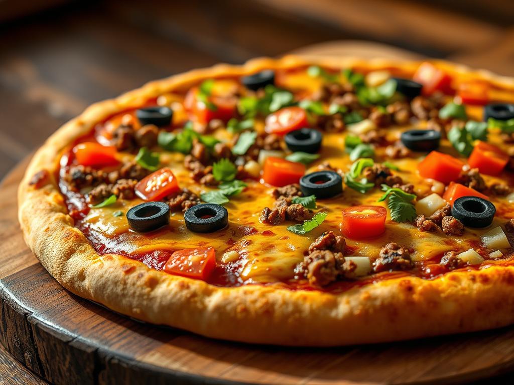 A close-up shot of a freshly baked Mexican pizza, presented on a rustic wooden board. The crust is golden-brown and crispy, topped with a layer of melted Monterey Jack and cheddar cheeses, spicy seasoned ground beef, diced tomatoes, sliced black olives, and a vibrant garnish of chopped cilantro. The pizza is lit by warm, natural lighting, casting a cozy, inviting atmosphere. The background is slightly blurred, allowing the pizza to be the focal point, accentuating its mouthwatering appearance and the fusion of Mexican flavors.