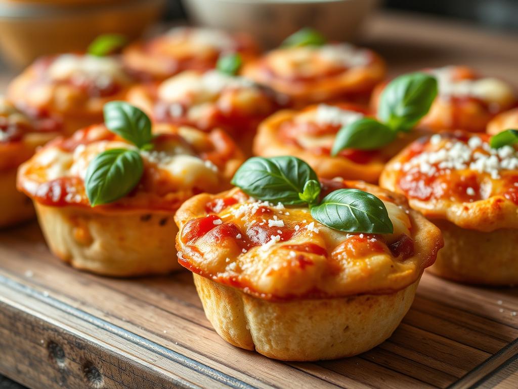 A close-up shot of a neatly arranged serving of freshly baked pizza muffins on a rustic wooden table. The muffins have a golden, evenly-cooked crust, with melted cheese and vibrant tomato sauce oozing out. Garnished with fragrant basil leaves and a light dusting of grated Parmesan. The lighting is soft and warm, creating a cozy, inviting atmosphere. The image captures the delicious and satisfying nature of these perfect snacks for both kids and adults.