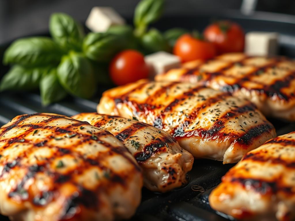 A close-up shot of grilled chicken breasts, seasoned with salt, pepper, and herbs, sizzling on a hot grill pan. The chicken is golden-brown and juicy, with distinct grill marks. In the background, a selection of fresh basil leaves, cherry tomatoes, and mozzarella cheese cubes are arranged, hinting at the upcoming Caprese-inspired pasta dish. Soft, diffused lighting creates a warm, appetizing atmosphere, while the camera angle emphasizes the delectable texture and aroma of the perfectly cooked chicken.