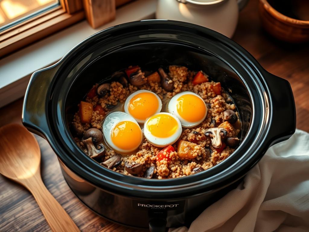 A cozy crockpot filled with a hearty vegetarian breakfast medley, steaming with roasted root vegetables, earthy mushrooms, and nutty quinoa. Soft-boiled eggs nestle atop the savory mixture, their bright yolks contrasting with the rich, creamy textures. Warm natural light filters through the kitchen window, casting a golden glow over the scene. Wooden utensils and a crisp white linen napkin add rustic charm. The atmosphere is one of simplicity and nourishment, inviting the viewer to savor a wholesome, hassle-free morning meal.