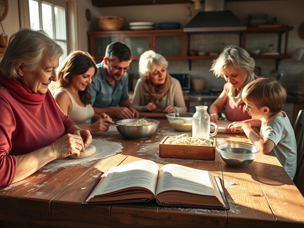 A cozy kitchen scene of a family gathered around a well-worn wooden table, kneading dough and mixing batter with loving care. Sunlight streams through the window, casting a warm glow on the scene. Flour dusts the countertops, while the aroma of freshly baked goods fills the air. An heirloom recipe book lies open, its pages worn from years of use. Grandparents, parents, and children work together, sharing stories and traditions passed down through generations. The mood is one of comfort, nostalgia, and the joy of creating something delicious as a family.