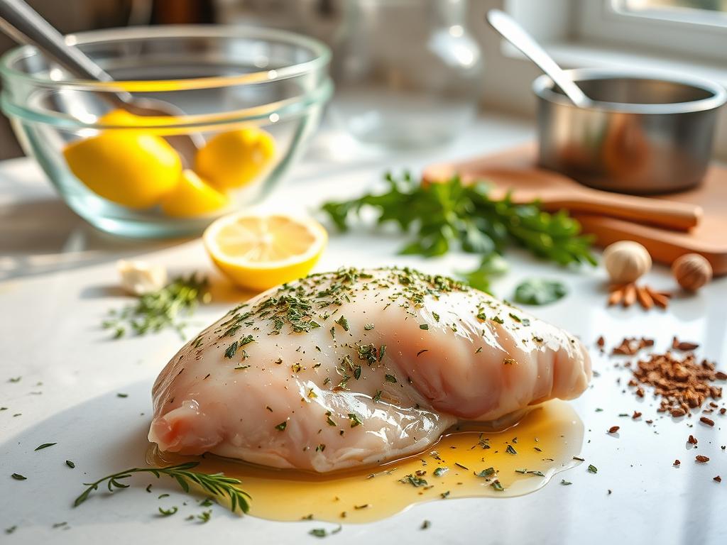 A crisp, clean kitchen counter holds a set of glass bowls and stainless steel mixing utensils. In the foreground, a succulent chicken breast is being methodically marinated, its skin glistening with a vibrant Greek-inspired blend of lemon, oregano, garlic, and olive oil. The middle ground features a scattered arrangement of fresh herbs and spices, their rich, earthy aromas wafting through the air. Soft, natural lighting bathes the scene, creating a warm, inviting atmosphere that evokes the comforts of a well-appointed Mediterranean kitchen. The overall composition highlights the step-by-step process of preparing this delicious Greek-style chicken dish.