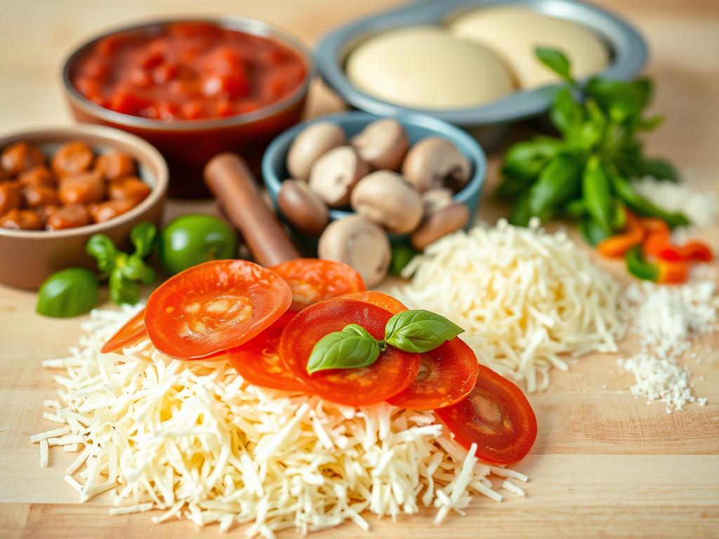 A crisp, evenly lit close-up of an array of pizza muffin ingredients arranged neatly on a light wooden surface. In the foreground, a pile of freshly shredded mozzarella cheese, pepperoni slices, and chopped basil leaves. In the middle ground, a bowl of pizza sauce, a bundle of sliced mushrooms, and a scatter of diced bell peppers. In the background, a tin of biscuit dough and a small pile of grated Parmesan. The lighting is soft and natural, highlighting the vibrant colors and textures of the ingredients, creating an appetizing and inviting atmosphere.