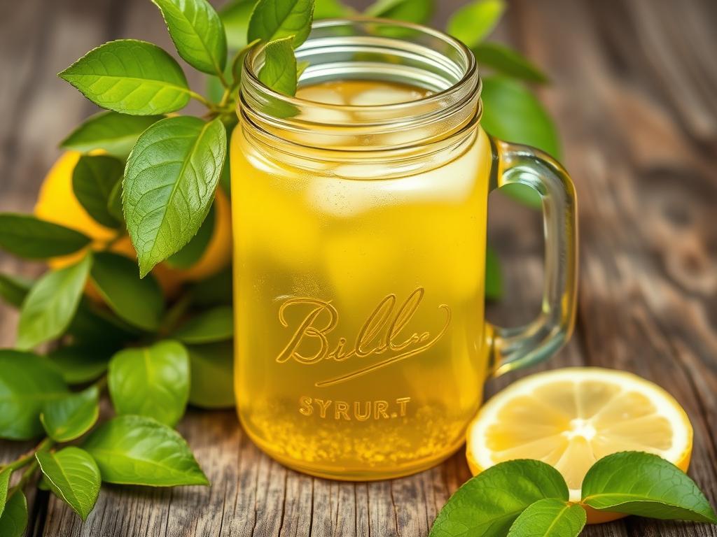 A crystal clear glass jar filled with a vibrant, golden liquid, resting on a rustic wooden surface. The homemade lemonade simple syrup glistens under the warm, soft lighting, revealing its transparency and the delicate bubbles within. Lush, green lemon leaves cascade around the jar, adding a refreshing, botanical touch. The overall composition exudes a sense of homemade, summertime delight, perfectly capturing the essence of the "Step-by-Step Process for Making Homemade Lemonade" section.