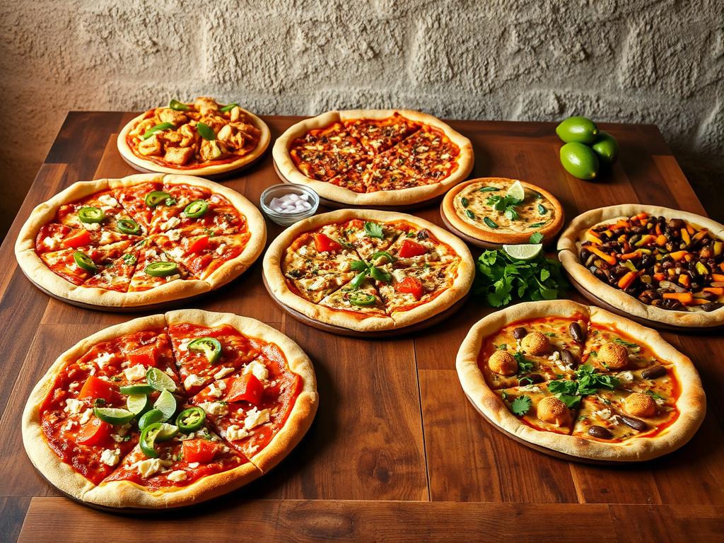 A delectable array of Mexican pizza variations arranged on a rustic wooden table, illuminated by warm, natural lighting. In the foreground, a classic Mexican pizza with a golden crust, spicy salsa, melted cheese, and vibrant toppings like diced tomatoes, sliced jalapeños, and crumbled queso fresco. Surrounding it, an assortment of creative twists - a thin-crust pizza with shredded chicken, diced avocado, and a drizzle of crema; a deep-dish version with chorizo, roasted corn, and cotija cheese; and a vegetarian option featuring roasted vegetables, black beans, and a sprinkle of cilantro. The middle ground showcases various garnishes and condiments, such as fresh lime wedges, diced onions, and chopped cilantro, while the background features a rustic, textured wall, adding depth and dimension to the scene.