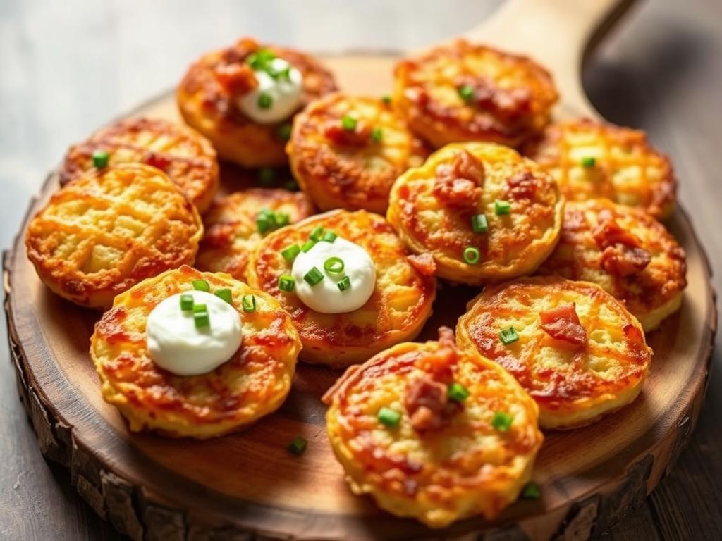 A delectable assortment of crisp, golden-brown potato cakes, arranged artfully on a rustic wooden board. The cakes are topped with a variety of enticing garnishes, such as sour cream, chives, and crispy bacon bits, creating a visually appealing and mouthwatering display. The lighting is soft and natural, casting a warm glow that enhances the texture and colors of the dish. The composition is balanced, with the potato cakes taking center stage, surrounded by a minimalist backdrop that allows the focus to remain on the delicious variations. The overall atmosphere is one of appetizing simplicity and inviting comfort, perfectly capturing the essence of the "Delicious Variations to Try" section of the article.