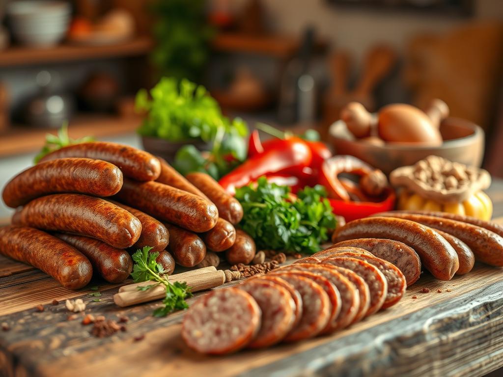 A delectable assortment of vegan sausage alternatives, meticulously arranged on a rustic wooden surface, illuminated by warm, natural lighting. In the foreground, various plant-based sausages in earthy tones, their textures and shapes hinting at their savory flavors. The middle ground showcases an array of complementary ingredients, such as freshly chopped herbs, vibrant peppers, and aromatic spices, adding depth and complexity to the scene. The background features a softly blurred, cozy kitchen setting, suggesting the perfect backdrop for a hearty, comforting dish of vegan biscuits and gravy.