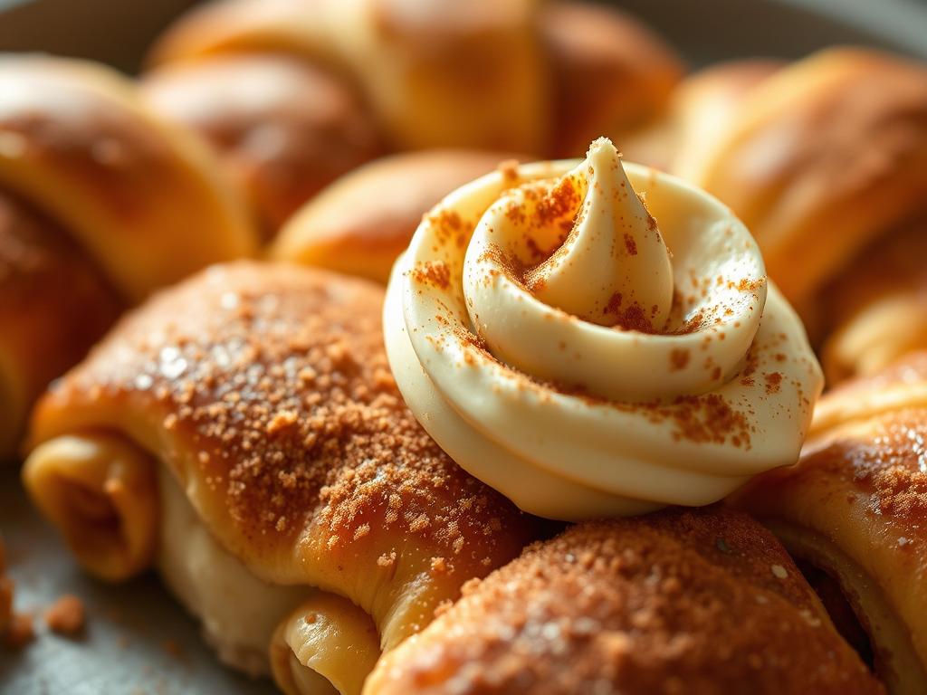A delectable cinnamon sugar dessert recipe, meticulously crafted. A golden-brown crescent roll base, its flaky layers infused with a fragrant cinnamon-sugar blend. In the foreground, a generous dollop of rich, creamy cheesecake topping, sprinkled with more cinnamon sugar for a perfect balance of flavors. Soft lighting illuminates the tempting dessert, inviting the viewer to indulge. The image is captured at a close, intimate angle, emphasizing the textures and mouth-watering details. The overall atmosphere is one of warmth, comfort, and irresistible indulgence, perfectly complementing the step-by-step recipe process.