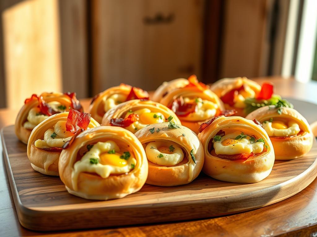 A delectable display of breakfast pizza rolls in a rustic, cozy setting. An array of savory variations filled with melted cheese, crispy bacon, fluffy scrambled eggs, and fragrant herbs, arranged artfully on a wooden board against a backdrop of warm, natural lighting. Soft shadows cast by the rolls add depth, while the slight reflection on the surface suggests a glossy, freshly baked texture. The overall atmosphere evokes a sense of homey indulgence, perfect for starting the day with a creative twist on a classic breakfast.