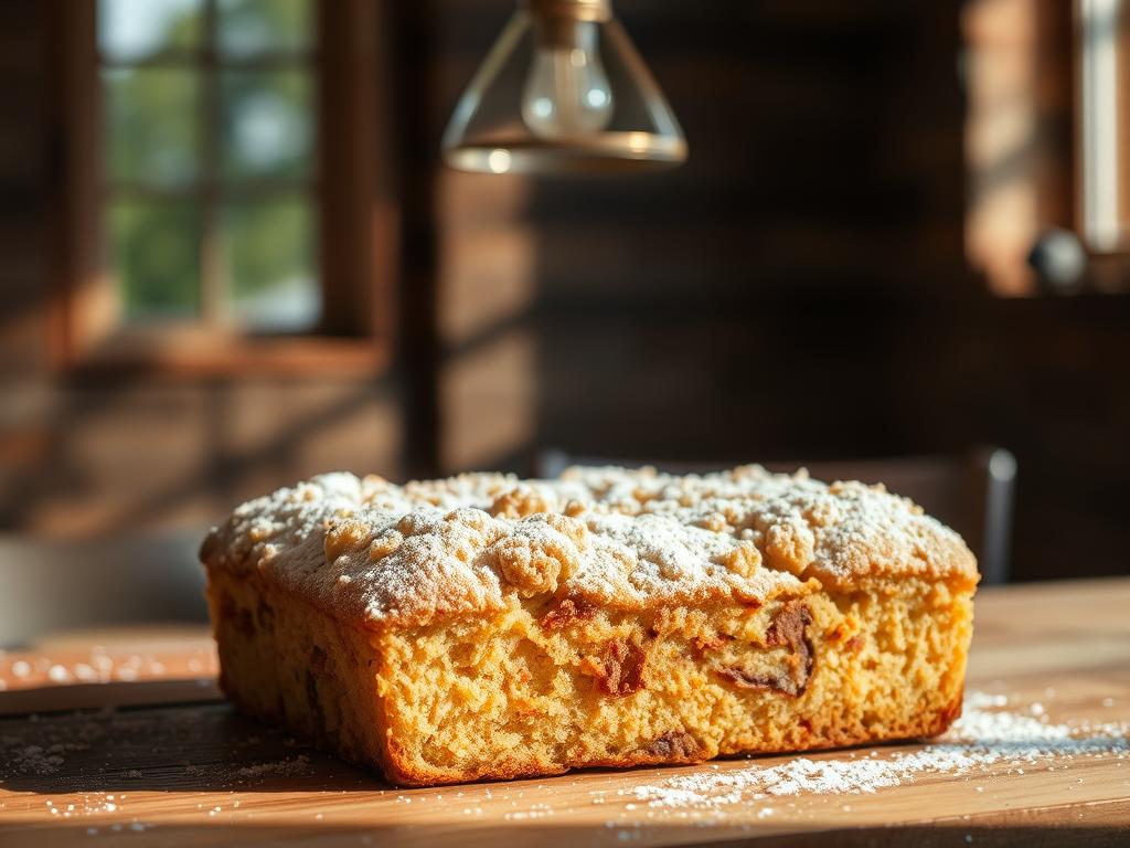 A delectable streusel coffee cake rests on a rustic wooden table, its golden-brown surface dusted with a light sprinkling of powdered sugar. The cake's moist, tender crumb is crowned with a crunchy, buttery streusel topping, its cinnamon-infused aroma filling the air. Sunlight filters through a nearby window, casting a warm, inviting glow across the scene. Overhead, a simple, minimalist pendant light casts a gentle illumination, highlighting the cake's tempting appearance. The background is softly blurred, keeping the focus squarely on the star of the show - the irresistible streusel coffee cake, ready to be savored and enjoyed.