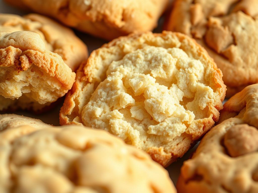 A delicate, crumbly texture with golden-brown edges, a soft, pillowy center, and subtle hints of vanilla and cinnamon. Close-up view of various baked goods, including cookies, scones, and biscuits, showcased against a clean, light background. Warm, natural lighting gently illuminates the intricate surface details, highlighting the fine, flaky layers and gentle cracks. Captured with a macro lens at a low angle to emphasize the tactile, enticing qualities of the freshly baked treats. A sense of artisanal craftsmanship and homemade goodness permeates the scene, inviting the viewer to imagine the satisfying flavors and textures.