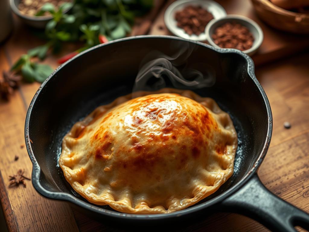 A golden-brown empanada sizzles in a cast-iron skillet, its flaky pastry shell crackling as it slowly cooks. Wisps of aromatic steam rise, hinting at the savory filling within. In the background, a wooden countertop is scattered with fresh herbs, spices, and other ingredients, suggesting the care and attention that goes into crafting these authentic Colombian delights. Warm, indirect lighting casts a cozy glow, highlighting the empanada's tempting texture and the process of its careful preparation. The scene evokes the comfort and heritage of a time-honored culinary tradition.