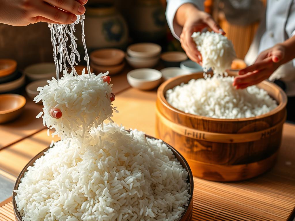 A high-quality, step-by-step depiction of sushi rice preparation. In the foreground, a chef's hands skillfully rinsing and massaging short-grain rice under a gentle stream of water. In the middle ground, the chef transferring the washed rice to a large wooden tub, where they begin the careful process of seasoning and mixing the rice with a blend of rice vinegar, sugar, and salt. In the background, an array of traditional Japanese ceramic bowls, a bamboo mat, and other sushi-making tools, all bathed in warm, natural lighting that casts a subtle glow across the scene. The overall mood is one of precision, tradition, and the artistry of sushi-making.