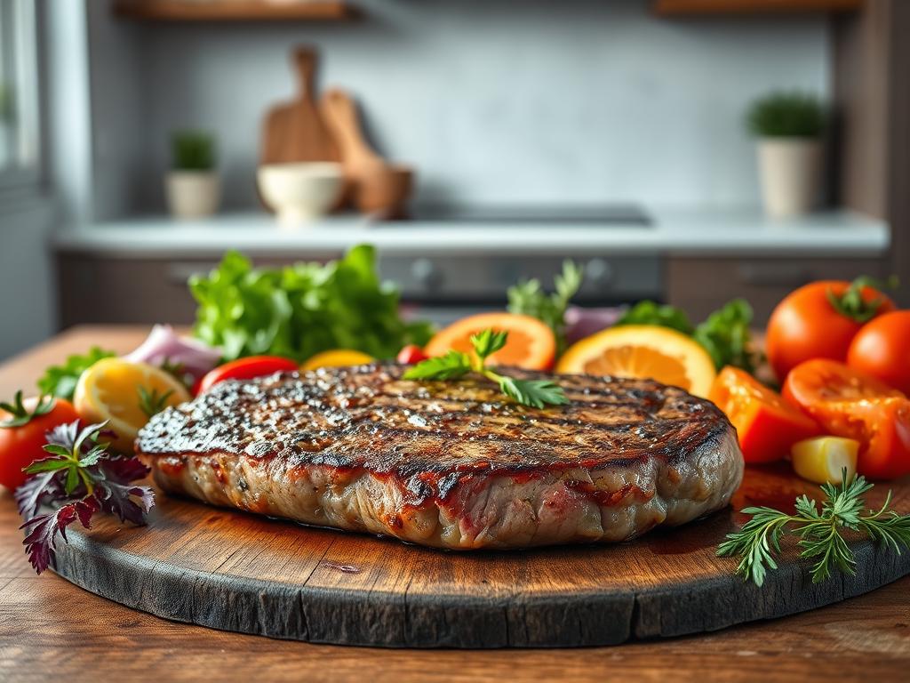 A juicy, sizzling vegan steak takes center stage on a rustic wooden table, surrounded by a variety of vibrant, artfully arranged garnishes. The steak's textured surface glistens under soft, warm lighting, creating an inviting and mouthwatering display. In the background, a minimalist kitchen setting with neutral tones complements the natural, plant-based theme. The composition is balanced, with the steak positioned slightly off-center to draw the viewer's eye. The overall mood is one of elevated simplicity, showcasing the beauty and culinary potential of a delectable vegan steak dish.