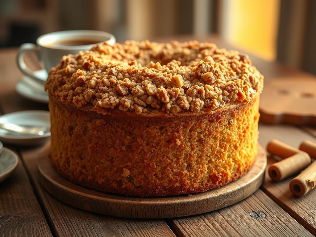 A luscious, freshly baked streusel coffee cake, sitting on a rustic wooden table, bathed in warm, golden light. The cake's tender crumb is crowned with a crumbly, cinnamon-spiced streusel topping, inviting the viewer to take a bite. Carefully positioned in the center of the frame, the cake is surrounded by a few simple props, like a small plate and a cup of steaming coffee, creating a cozy, homey atmosphere. The overall composition is clean and well-balanced, highlighting the delectable details of this mouthwatering treat.