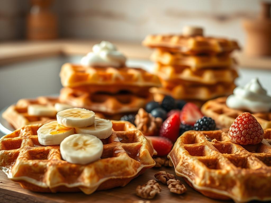 A lush, textured arrangement of various banana waffle variations, captured in a warm, inviting light. In the foreground, a golden-brown waffle with sliced bananas and a drizzle of honey, positioned alongside a stack of fluffy, golden-hued waffles. In the middle ground, a scattered display of toppings - toasted walnuts, fresh berries, and a dollop of whipped cream. The background features a neutral, yet cozy kitchen setting, with hints of natural wood and soft, muted tones to create a harmonious, appetizing atmosphere. Captured with a slightly tilted, dynamic camera angle to enhance the visual interest and depth of the scene.