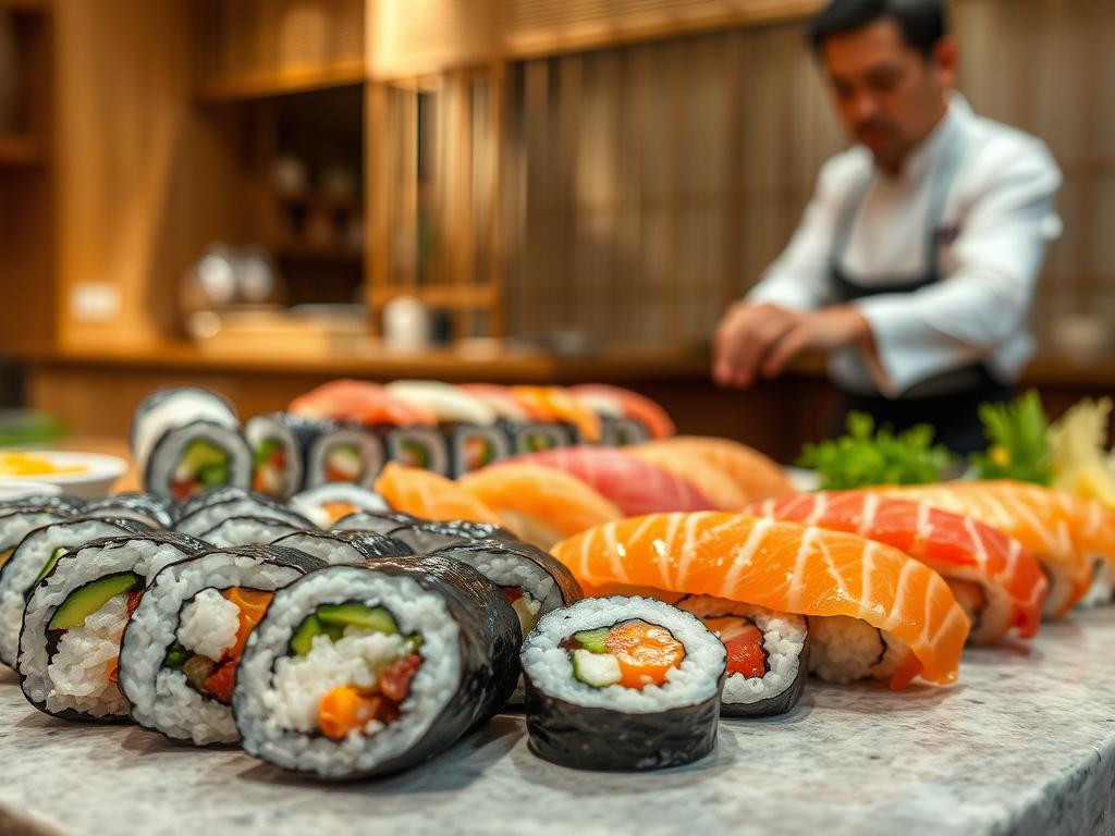 A meticulously prepared sushi spread, showcasing the artistry of a seasoned sushi chef. In the foreground, a selection of expertly crafted crunchy roll sushi, each slice revealing its intricate layers of nori, rice, and vibrant fillings. The middle ground features a sashimi arrangement, the glistening slices of fish arranged with precision. In the background, a traditional Japanese setting, with a minimalist wooden counter and a delicate bamboo backdrop, bathed in warm, natural lighting. The overall scene exudes a sense of tranquility and reverence for the craft of sushi-making, inviting the viewer to savor the flavors and textures of this culinary masterpiece.