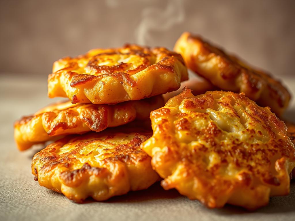 A mouth-watering close-up of freshly fried golden-brown potato cakes, arranged in a rustic, artisanal display. The cakes have a crisp, lightly-textured exterior that gives way to a soft, fluffy interior. Warm steam rises from the cakes, hinting at their delectable flavor. The image is lit from the side, casting dramatic shadows that accentuate the delicate folds and ridges of the potato cakes. The background is a neutral, natural-toned surface, allowing the cakes to be the sole focus of the image. The overall mood is one of culinary artistry and appetite-inducing temptation.