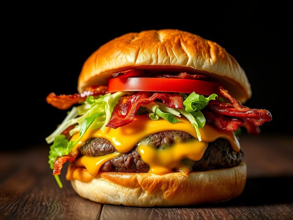 A mouth-watering, decadent bacon cheeseburger, its juicy patty smothered in melted cheddar, crispy bacon, and a tantalizing assemblage of toppings, all nestled between soft, pillowy brioche buns. Lightly toasted and glistening with butter, the buns form the foundation of this scrumptious "garbage bread" creation. Vibrant shredded lettuce, juicy tomato slices, and a dollop of tangy mayonnaise add a touch of freshness to balance the rich, indulgent flavors. Dramatic lighting casts dramatic shadows, accentuating the delectable textures and creating an appetizing, high-contrast scene that captures the essence of this irresistible dish.