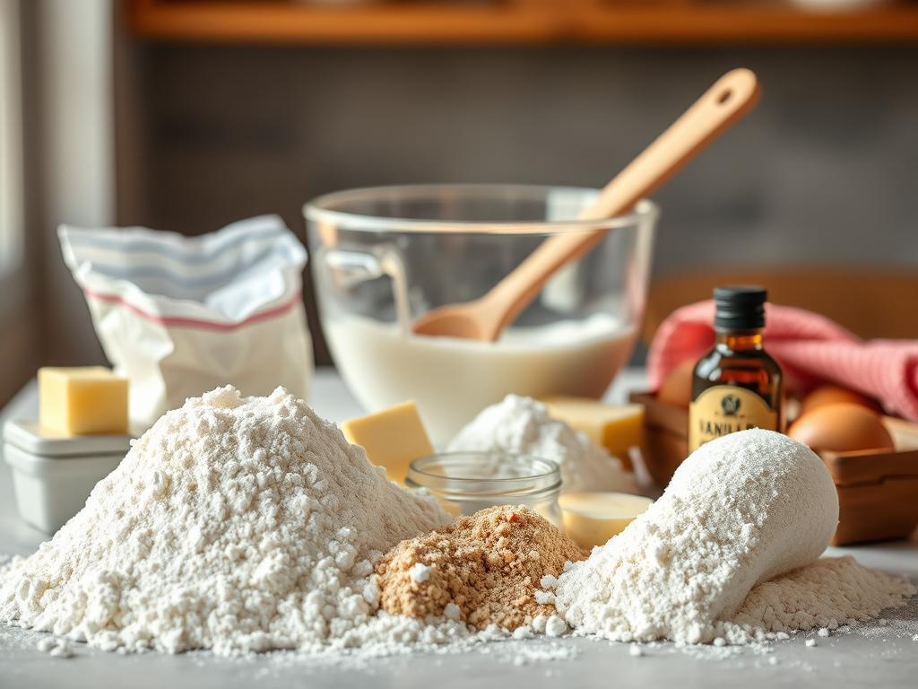 A neatly arranged assortment of essential ingredients for a delectable streusel coffee cake, captured in a softly lit, high-resolution photograph. In the foreground, a collection of flour, sugar, butter, eggs, and vanilla extract are carefully displayed, their textures and colors accentuated by gentle, natural lighting from the side. In the middle ground, a mixing bowl and wooden spoon stand ready, hinting at the upcoming preparation process. The background is blurred, creating a sense of depth and focus on the key ingredients. The overall mood is one of culinary anticipation, inviting the viewer to imagine the mouthwatering coffee cake that will soon emerge from this harmonious blend of baking essentials.