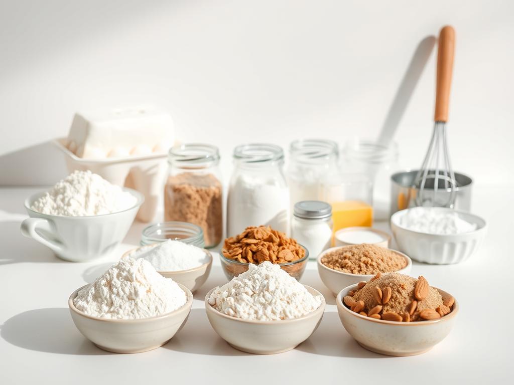 A neatly arranged still life of essential baking ingredients set against a clean, white background. In the foreground, a variety of flours including all-purpose, whole wheat, and almond, neatly piled in small ceramic bowls. In the middle ground, a selection of baking essentials such as sugar, brown sugar, salt, baking powder, and baking soda in small glass jars. In the background, a pat of butter, a carton of eggs, a measuring cup, and a whisk, all bathed in soft, natural lighting that casts subtle shadows. The overall mood is one of simplicity, organization, and the promise of delicious baked goods to come.