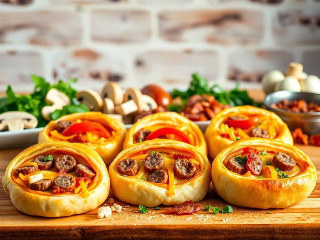 A neatly arranged still life of freshly baked breakfast pizza rolls, showcasing the essential ingredients. In the foreground, golden, fluffy dough rolls filled with a mouthwatering blend of melted cheese, savory sausage, and vibrant bell peppers, captured under warm, natural lighting. The middle ground features a scattering of uncooked ingredients, including sliced mushrooms, crumbled bacon, and freshly chopped herbs, all arranged against a rustic wooden backdrop. The background subtly hints at a cozy kitchen setting, with hints of exposed brick and a clean, minimalist aesthetic, creating a welcoming, appetizing atmosphere.