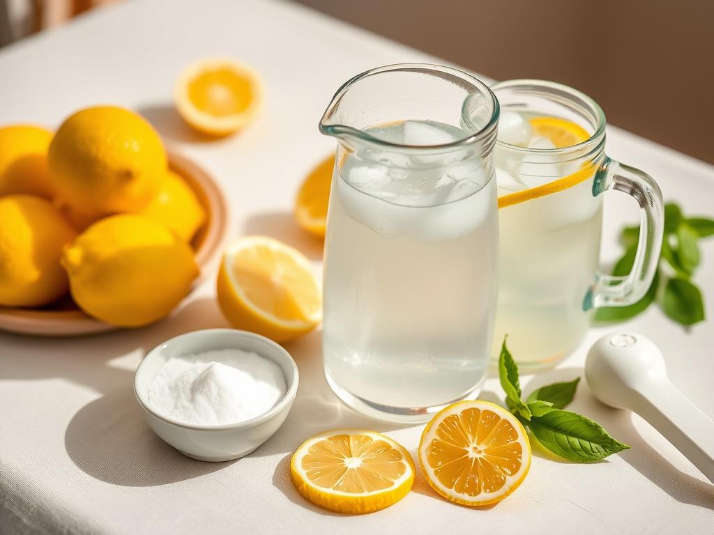 A neatly arranged table showcases the essential ingredients for homemade lemonade: freshly squeezed lemons, a glass pitcher filled with chilled water, a small bowl of white sugar, and a citrus juicer. Vibrant yellow lemon slices and leaves accent the scene, creating a warm, summery atmosphere. Warm, natural lighting bathes the scene, highlighting the vibrant colors and textures. The composition is clean and balanced, inviting the viewer to imagine the tangy, refreshing taste of a homemade lemonade on a hot summer day.