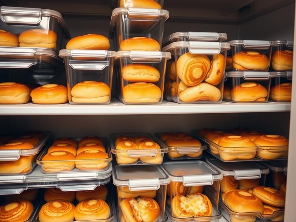 A neatly organized pantry shelves filled with rows of freshly baked grab-and-go breakfast pizza rolls, their golden crusts and melted cheese visible through transparent storage containers. The lighting is soft and warm, emanating a cozy, homemade atmosphere. The camera angle is slightly elevated, capturing the orderly arrangement of the containers and the overall storage solution. The mood conveys a sense of efficiency, preparedness, and the delightful anticipation of a quick, satisfying breakfast.