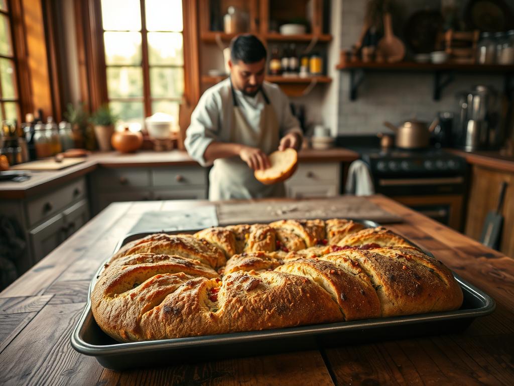 A rustic and inviting kitchen scene, with a large wooden table in the foreground set with a baking sheet of freshly baked "garbage bread". The bread is golden-brown, with a crispy crust and a variety of ingredients peeking through, including leftovers, scraps, and odds and ends. In the middle ground, a chef in a white apron is carefully slicing the bread, showcasing its soft, fluffy interior. The background features a well-stocked pantry, spices, and other cooking implements, all bathed in warm, natural lighting pouring in through large windows. The overall mood is one of creativity, resourcefulness, and the comforting aroma of homemade bread.