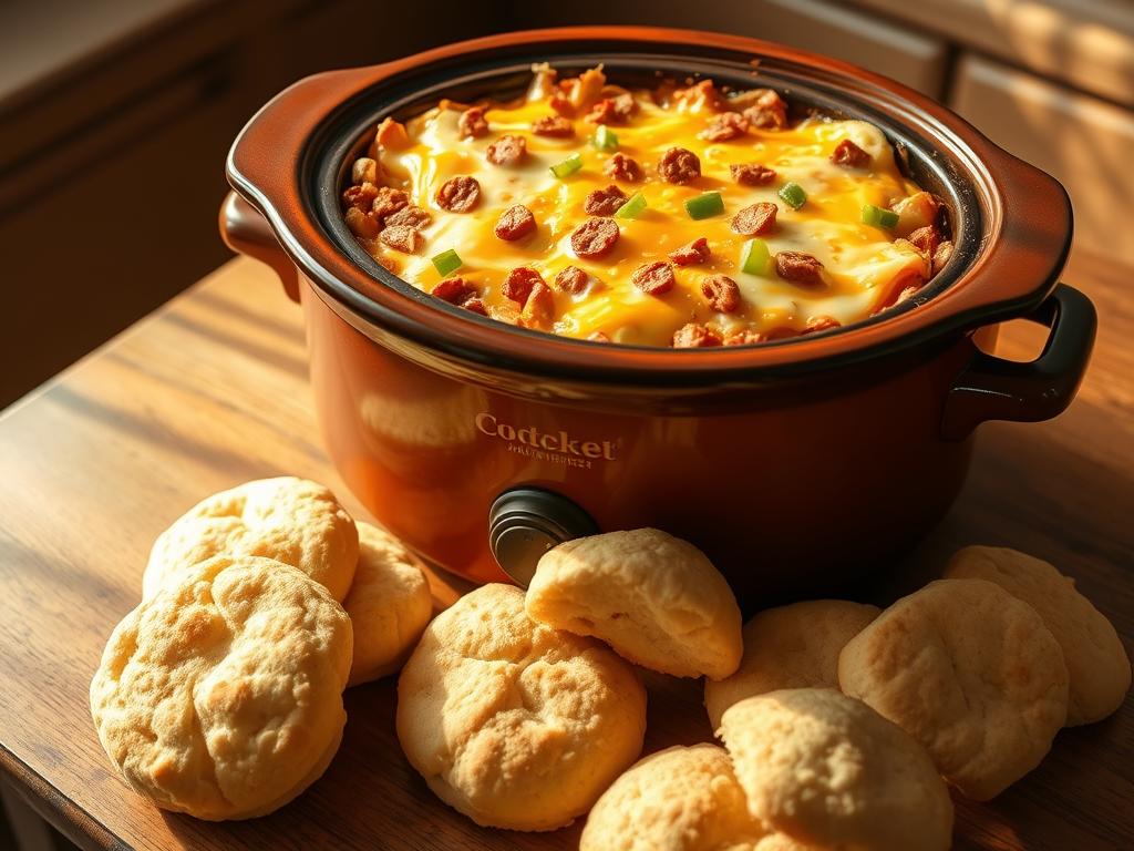 A rustic, earthenware crockpot sits atop a wooden kitchen counter, filled with a bountiful breakfast casserole. The casserole is layered with fluffy eggs, savory breakfast sausage, melted cheese, and diced bell peppers, creating a mouthwatering, golden-brown crust. Soft, buttery biscuits are placed alongside, ready to be dipped in the casserole's rich flavors. The scene is bathed in warm, natural lighting, casting a cozy, inviting atmosphere. The camera angle is slightly overhead, highlighting the layered texture and tempting aromas of the make-ahead breakfast dish. The overall composition evokes a sense of effortless elegance and the comforting appeal of a hearty, homemade meal.
