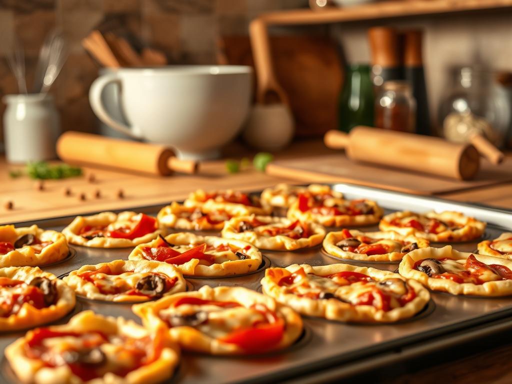 A rustic kitchen counter bathed in warm, soft lighting. In the foreground, a baking tray filled with freshly-made pizza muffins, their crusts golden brown and bubbling with melted cheese. Layers of pepperoni, mushrooms, and bell peppers peek out from the dough. In the middle ground, a mixing bowl, a rolling pin, and other baking tools, conveying the process of preparing the muffins. The background features a few scattered herbs and spices, hinting at the flavors within. The overall scene exudes a homey, comforting atmosphere, inviting the viewer to imagine the delicious aroma and satisfying texture of these perfectly baked pizza muffins.