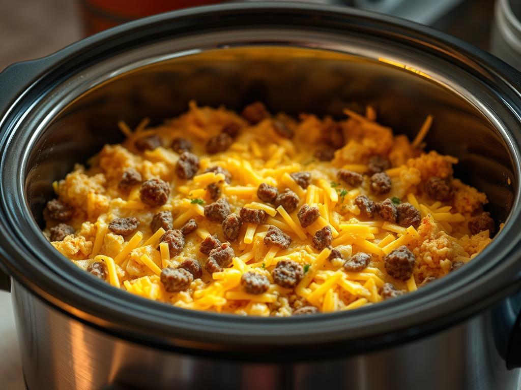 A savory Hashbrown Breakfast Casserole simmering in a rustic slow cooker. The golden-brown hashbrowns are layered with melted cheddar cheese, fluffy scrambled eggs, and crumbled breakfast sausage. A hint of onion and garlic aroma wafts through the air, creating a cozy and inviting atmosphere. Warm, soft lighting bathes the scene, casting a comforting glow on the hearty dish. The slow cooker's stainless steel exterior reflects the natural tones of the kitchen, creating a balanced and visually appealing composition. This nourishing and flavor-packed casserole is the perfect hassle-free breakfast for a peaceful morning.
