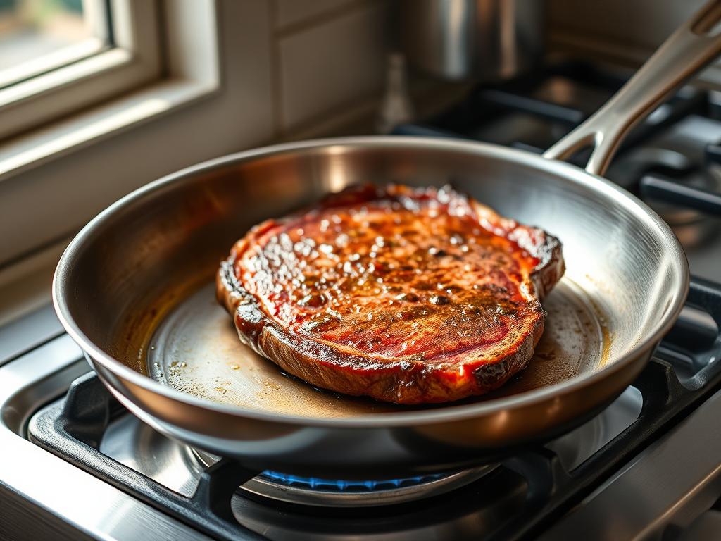 A stainless steel pan sizzles on a gas stovetop, filled with a thin, juicy vegan steak seared to perfection. The crisp, golden-brown exterior gives way to a tender, pink interior as the steak is carefully flipped, with beads of oil glistening on the surface. A warm, savory aroma fills the air, inviting the viewer to experience the satisfying texture and flavor of this plant-based culinary delight. Bright, natural lighting from a nearby window accentuates the depth and complexity of the steak's appearance, highlighting its realistic, mouthwatering presentation. The scene conveys a sense of confidence and expertise in the art of cooking vegan steak, inspiring the viewer to recreate this delectable dish in their own kitchen.