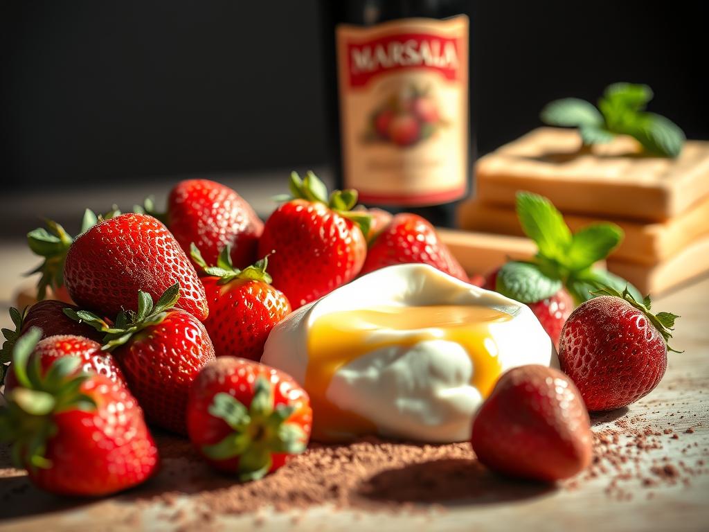 A still life capturing the essential ingredients for a delectable strawberry tiramisu. In the foreground, vibrant red strawberries, their plump forms nestled among ladyfingers and a dusting of cocoa powder. In the middle ground, a creamy mascarpone cheese, its smooth texture complemented by a drizzle of honey. In the background, a bottle of Marsala wine and sprigs of fresh mint, hinting at the depth of flavor to come. Soft, natural lighting illuminates the scene, casting a warm, inviting glow. Captured with a shallow depth of field, the image emphasizes the textures and colors of these carefully curated elements, promising a delightful culinary experience.