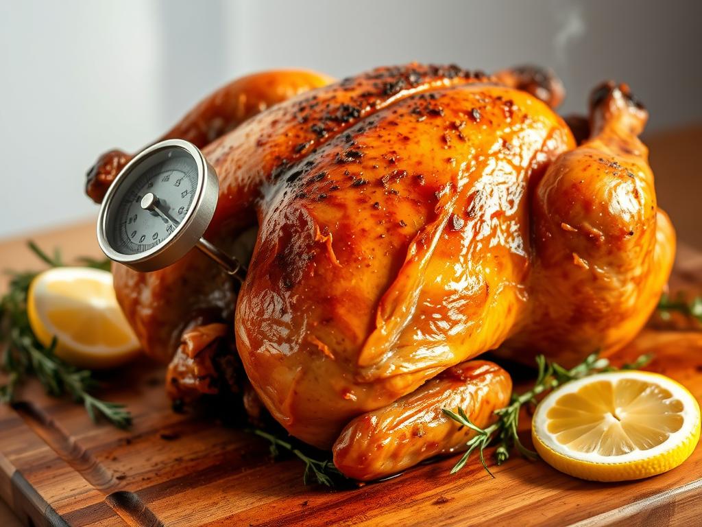 A succulent, golden-brown oven-roasted chicken with a metal meat thermometer inserted, steam rising from the juicy interior. Warm, natural lighting casts a cozy glow, highlighting the crisp, crackling skin. The chicken rests on a rustic wooden cutting board, surrounded by fragrant herbs and lemon wedges. The scene conveys the comforting aromas and textures of a perfectly cooked poultry dish, ready to be savored. A clean, minimalist background allows the star of the show - the carefully monitored, expertly baked chicken - to take center stage.