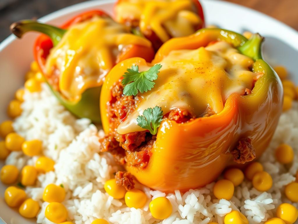 A sumptuous dish of taco-stuffed bell peppers, nestled atop a bed of fluffy white rice and adorned with vibrant kernels of golden corn. The peppers are sliced in half lengthwise, their insides hollowed out to create a savory vessel for a zesty taco filling. Minced beef, seasoned with a blend of aromatic spices, simmers in a rich tomato sauce, its aroma mingling with the fresh scent of cilantro. Melted cheddar cheese oozes over the tops of the peppers, lending a creamy texture and a delightful contrast to the crisp vegetable exterior. Subtle shadows cast by the natural lighting accentuate the dish's appetizing presentation, inviting the viewer to imagine the satisfying flavors and textures within.
