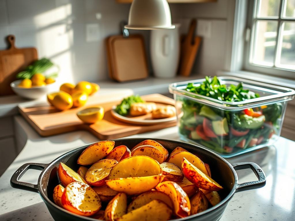 A sun-drenched kitchen countertop, adorned with a cutting board, a bowl of lemons, and a plate of perfectly marinated chicken thighs. In the foreground, crisp golden-brown potato wedges sizzle in a cast-iron skillet, their edges caramelized under the warm glow of a pendant light. The middle ground features a glass container filled with a medley of prepped vegetables, ready for the week's meals. Gentle shadows and highlights create a sense of depth, while the overall composition conveys a feeling of organized efficiency and culinary preparedness. The scene evokes the aroma of lemon, herbs, and the anticipation of a delicious, nourishing meal to come.